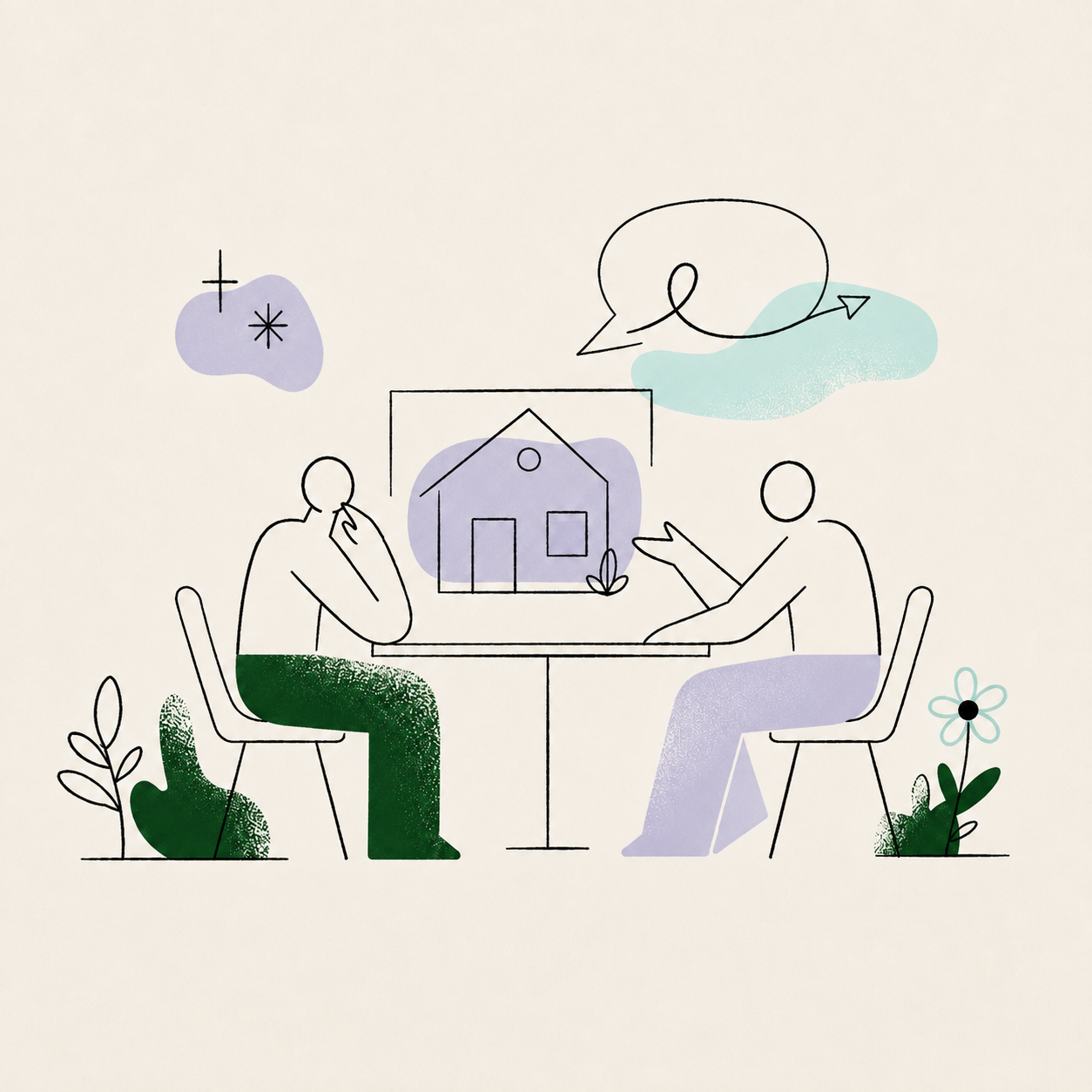 Two people discussing a housing idea across a table